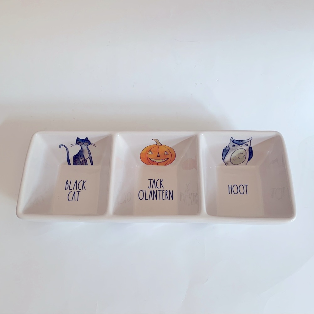 Rae Dunn Halloween 3 Section Candy Dish Cat Pumpkin Owl Hoot